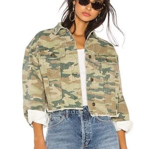Free People Denim Camo Jacket Distressed Button Women's Size Small Green